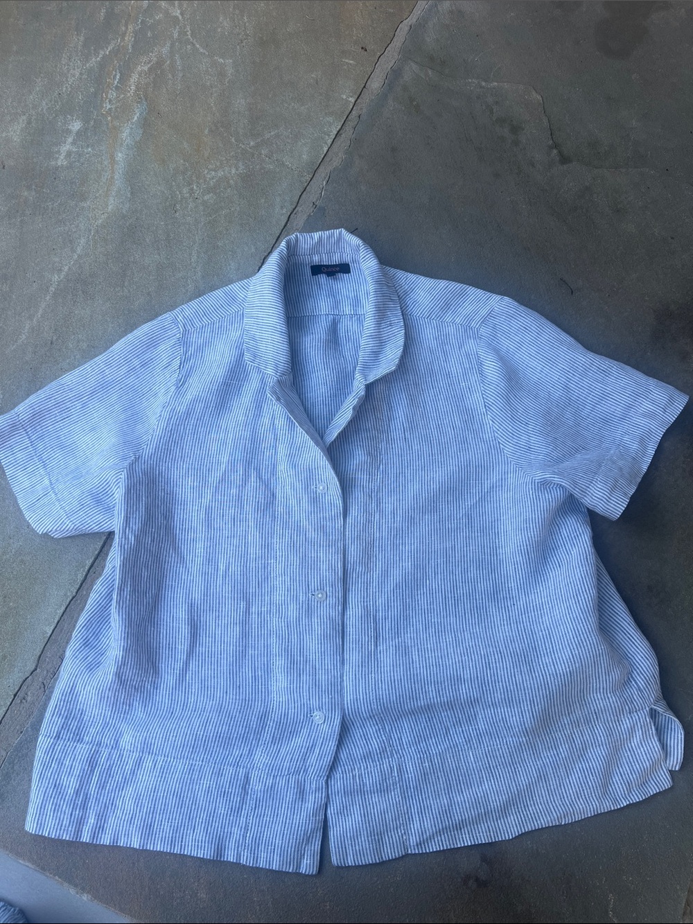 Quince Short-Sleeve Linen 3 Button Shirt - Light Blue Stripe L